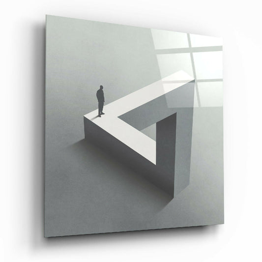 A silhouetted figure stands on a white geometric platform within a minimalist gray and white glass wall art piece, shown in three-quarter perspective view.