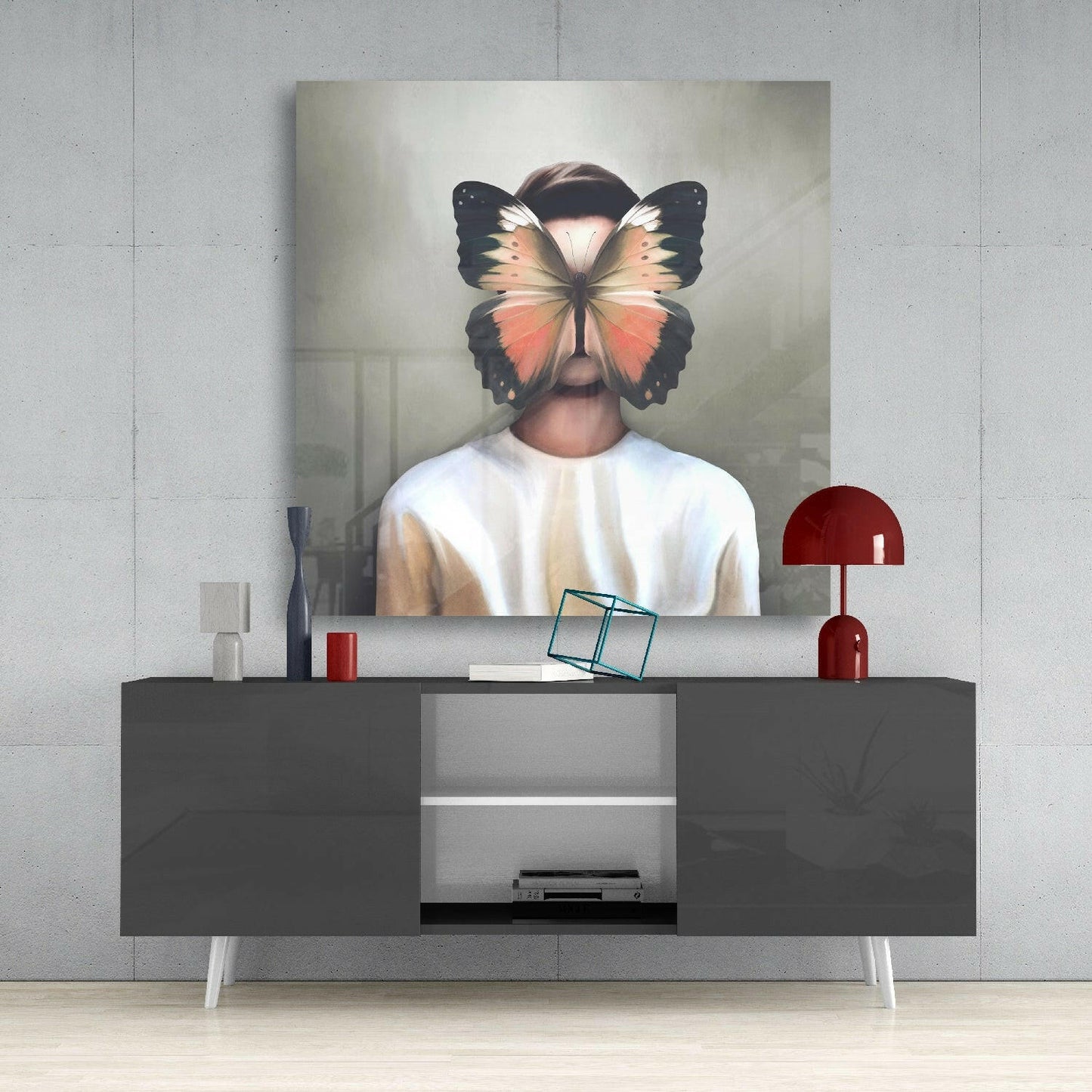 Butterfly Masked Portrait Coral Wings Glass Wall Art