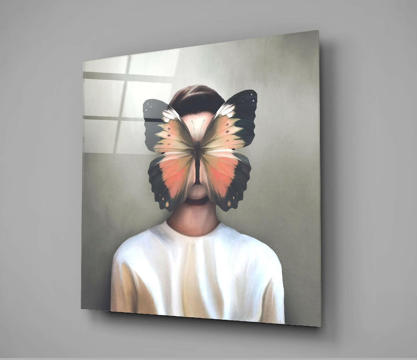 Butterfly Masked Portrait Coral Wings Glass Wall Art