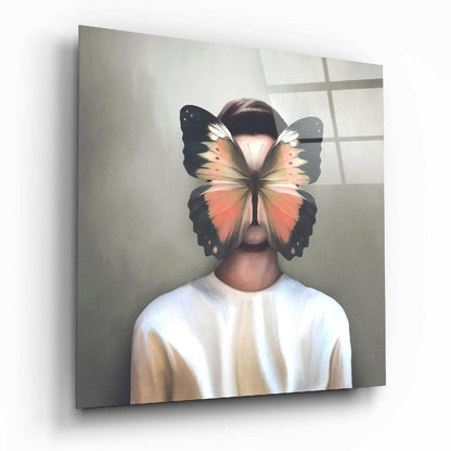 Butterfly Masked Portrait Coral Wings Glass Wall Art