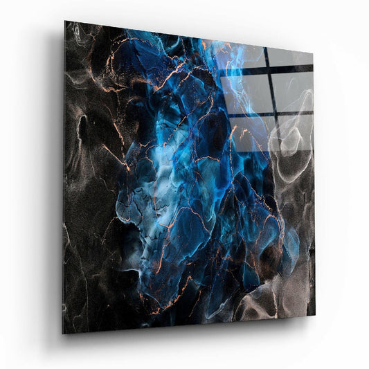 Angled perspective of glass wall art featuring blue and copper veined marble pattern with black gridlines overlay.