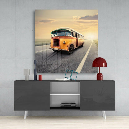 Vintage Orange Bus On Sunset Road Glass Wall Art