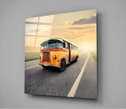 Vintage Orange Bus On Sunset Road Glass Wall Art