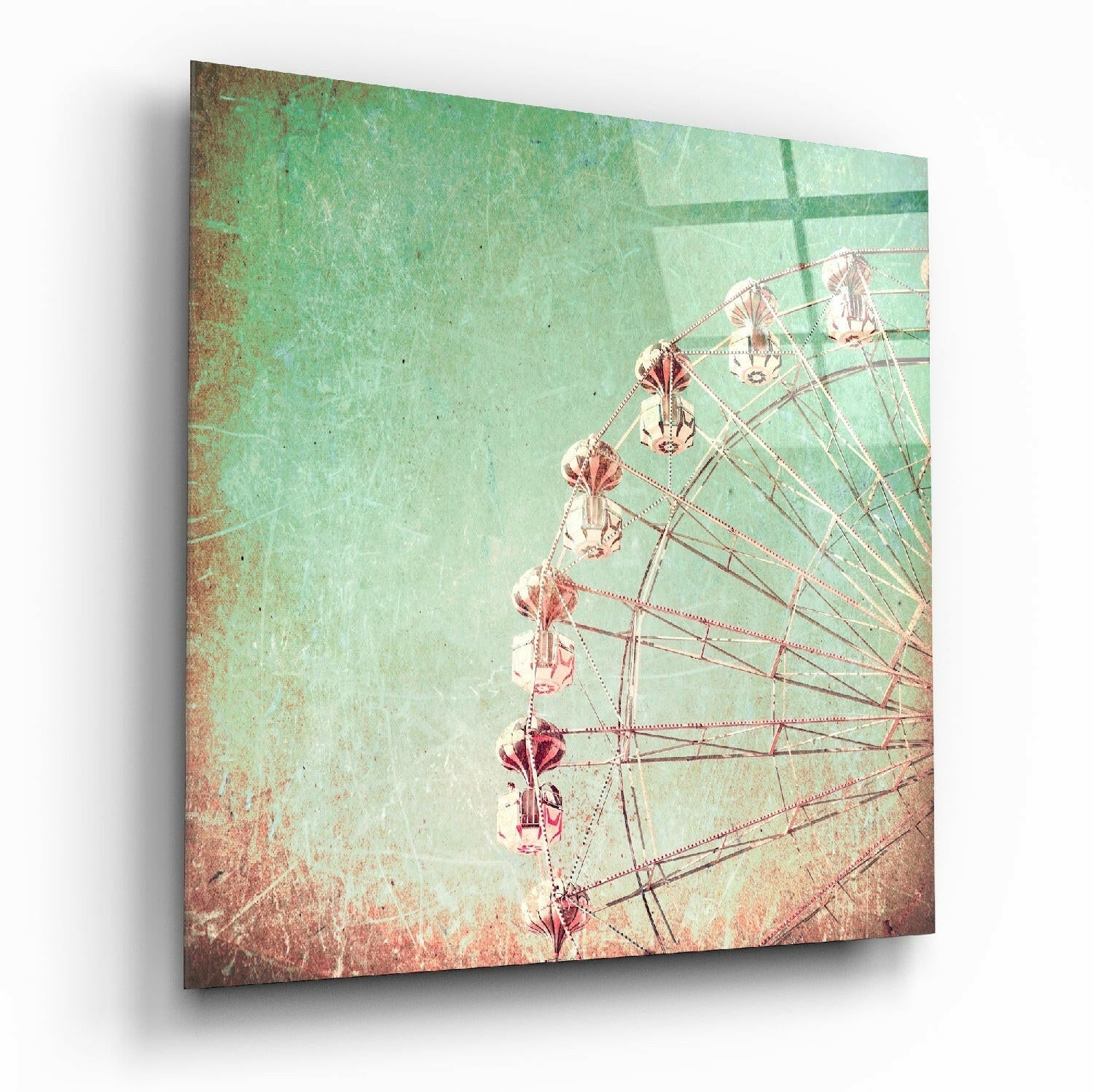 Angled view of ferris wheel glass art print showing vintage-style gondolas against distressed turquoise and rust textured background.