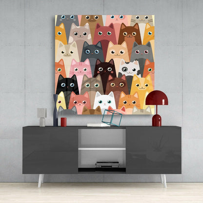 Stacked Cartoon Kitten Faces Cats Glass Wall Art