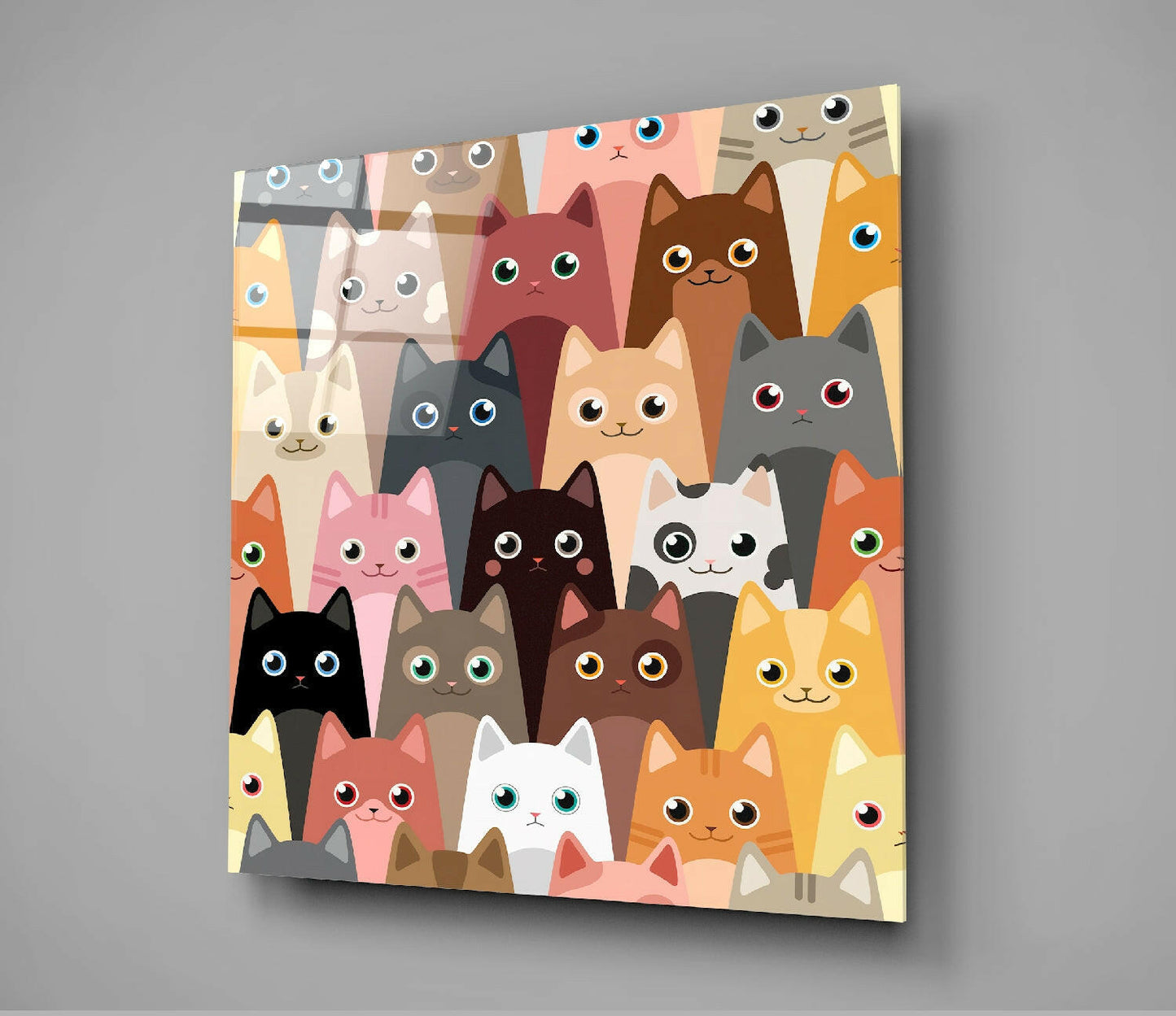 Stacked Cartoon Kitten Faces Cats Glass Wall Art