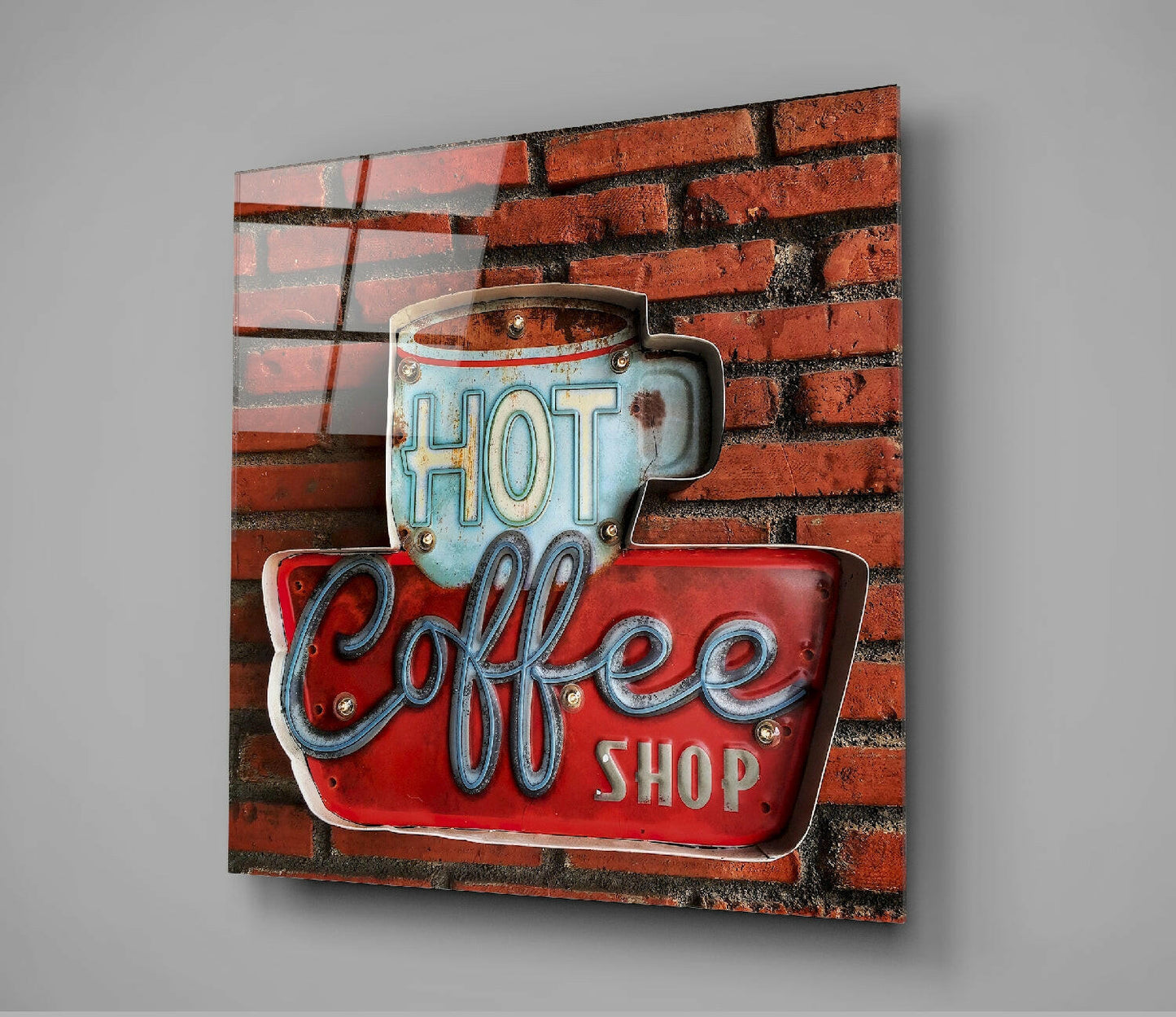 Hot Coffee Shop Tin Sign Brick Glass Wall Art