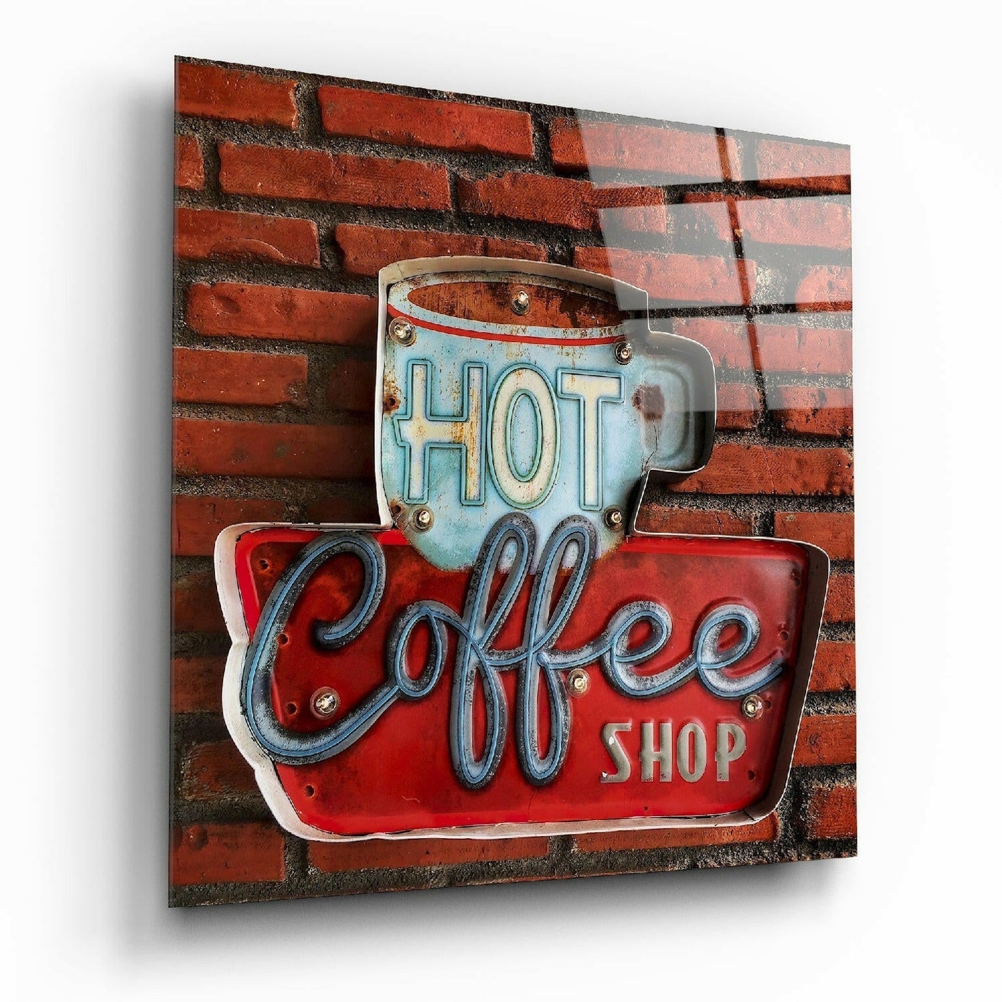 Hot Coffee Shop Tin Sign Brick Glass Wall Art