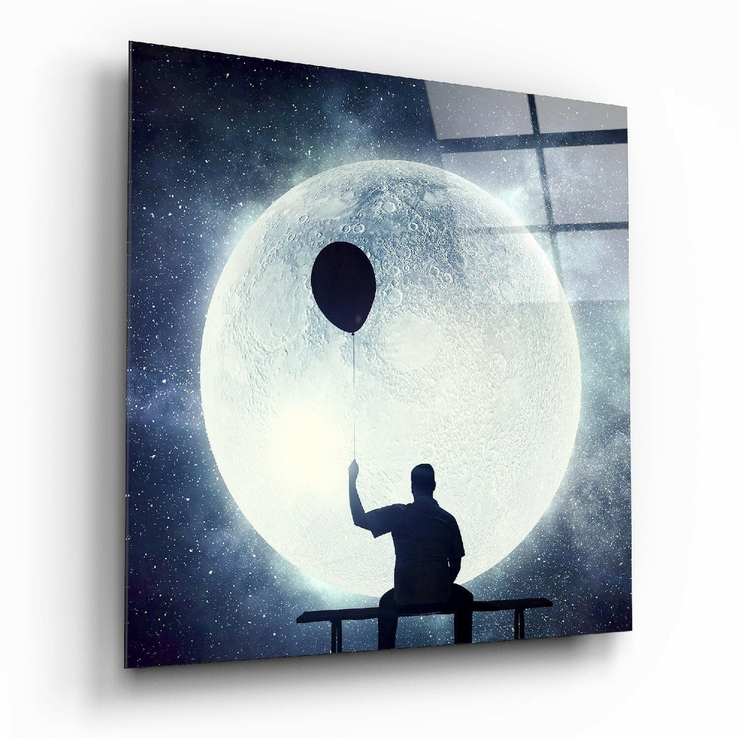 Man on Bench Holding Balloon Moon Glass Wall Art