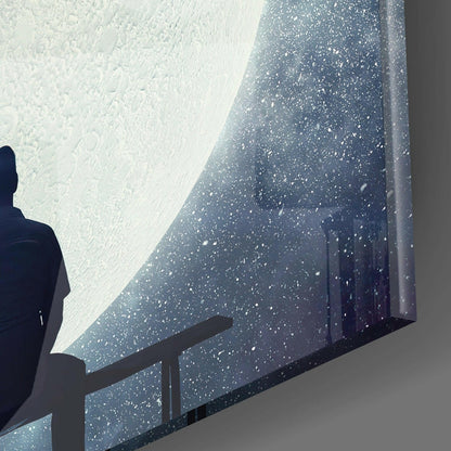 Man on Bench Holding Balloon Moon Glass Wall Art