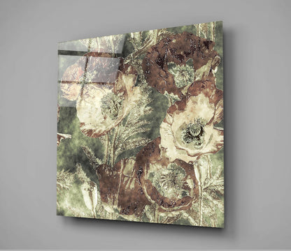 Vintage Poppy Blooms Green Glass Wall Art