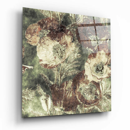 Vintage Poppy Blooms Green Glass Wall Art