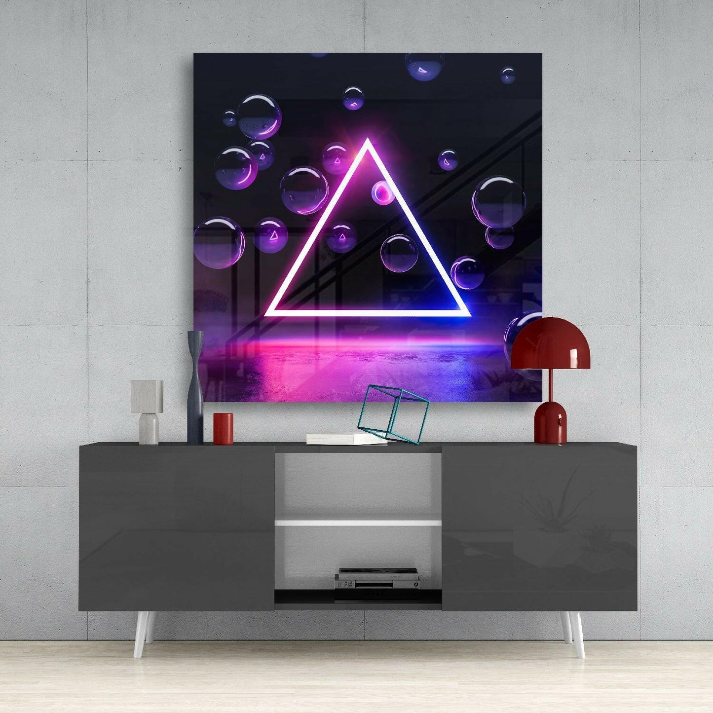 Neon Triangle Purple Spheres Glass Wall Art