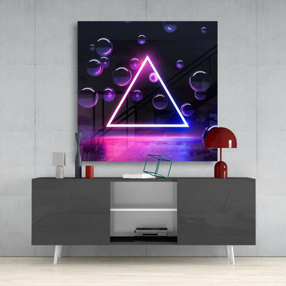 Neon Triangle Purple Spheres Glass Wall Art