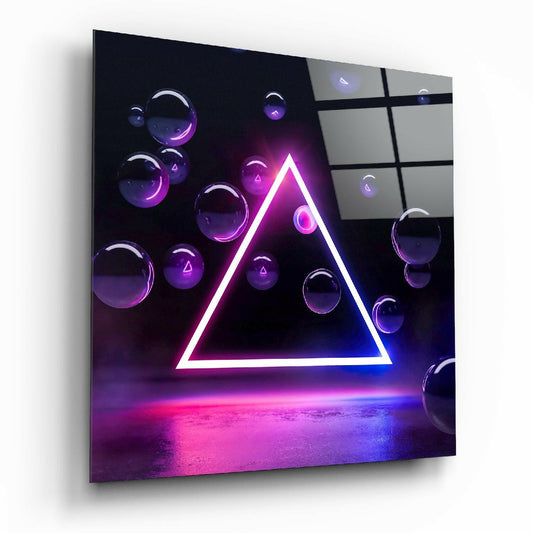 Angled perspective view of neon triangle wall art with purple and blue glowing outline, reflective glass spheres, and geometric grid pattern on dark background.