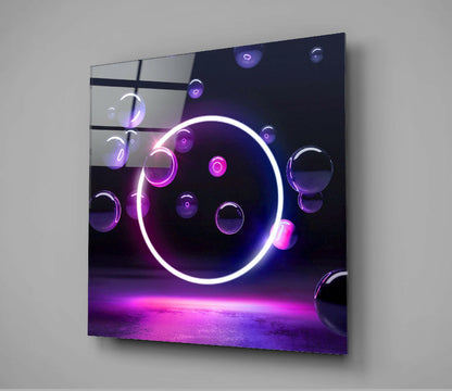 Neon White Ring And Purple Bubbles Glass Wall Art
