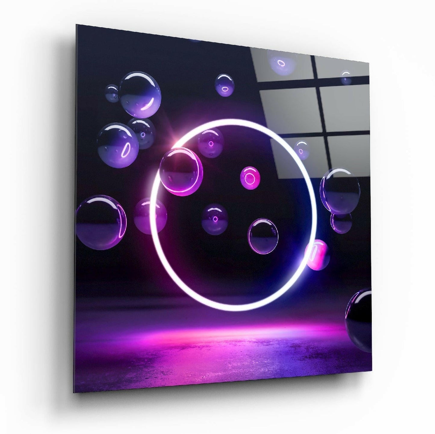 Neon White Ring And Purple Bubbles Glass Wall Art