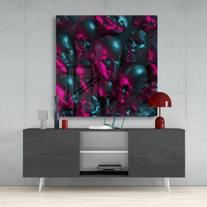 Modern living room setup featuring black glossy TV console with magenta and teal metallic face art displayed above.