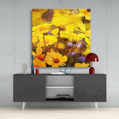 Golden Yellow Poppy Sketch Glass Wall Art