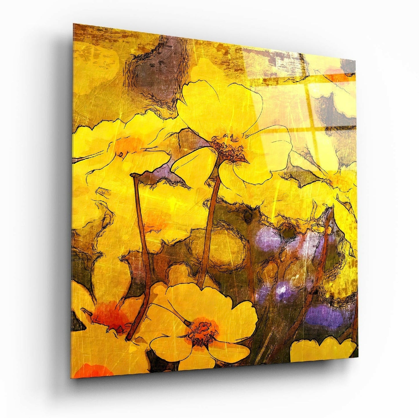 Golden Yellow Poppy Sketch Glass Wall Art