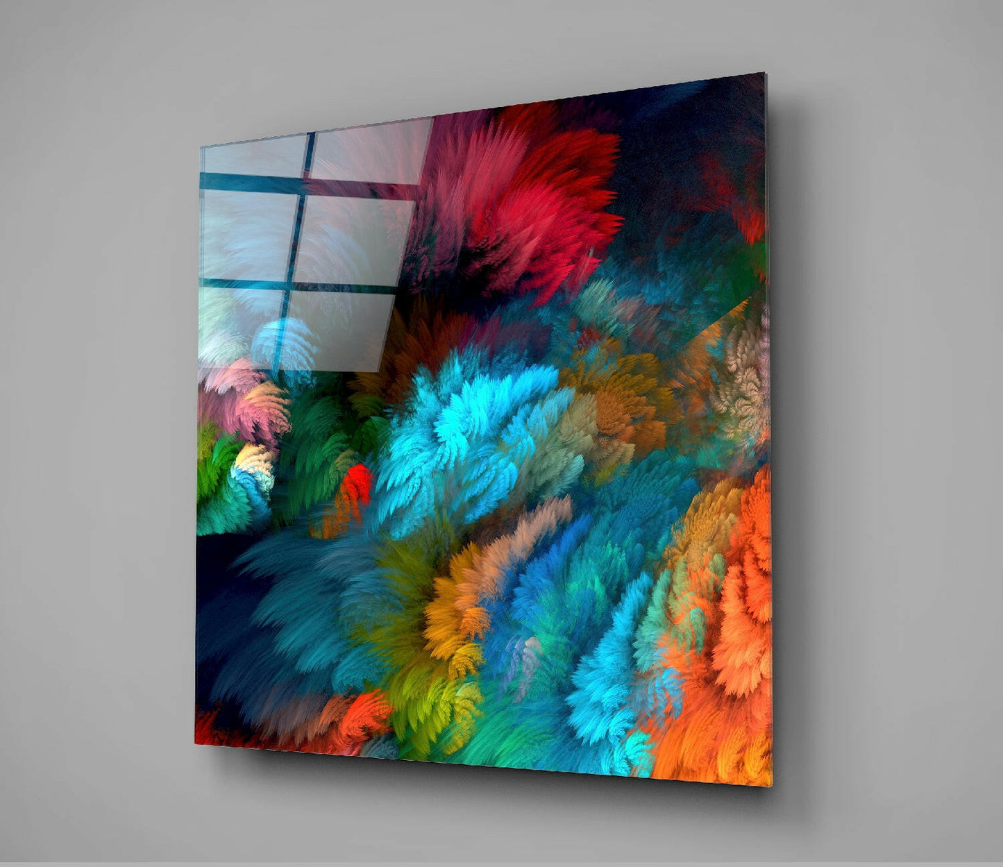 Teal Maroon Feather Burst Glass Wall Art