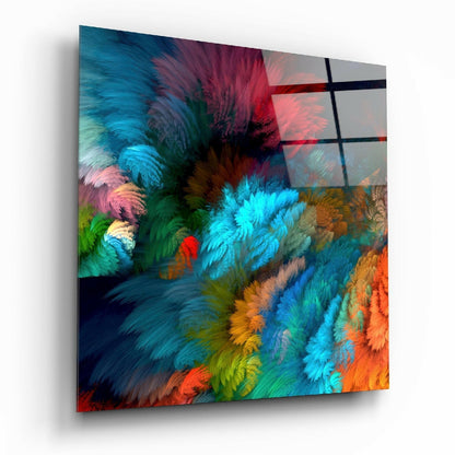 Teal Maroon Feather Burst Glass Wall Art