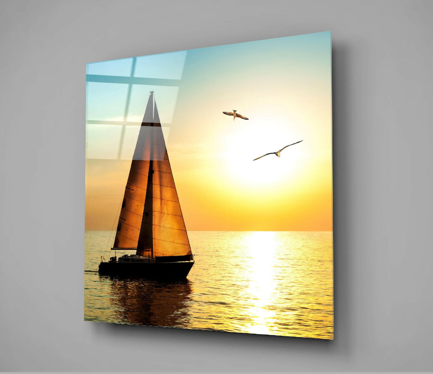 Sailboat and Seagulls Golden Sunset Glass Wall Art