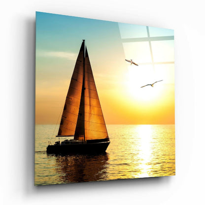 Sailboat and Seagulls Golden Sunset Glass Wall Art