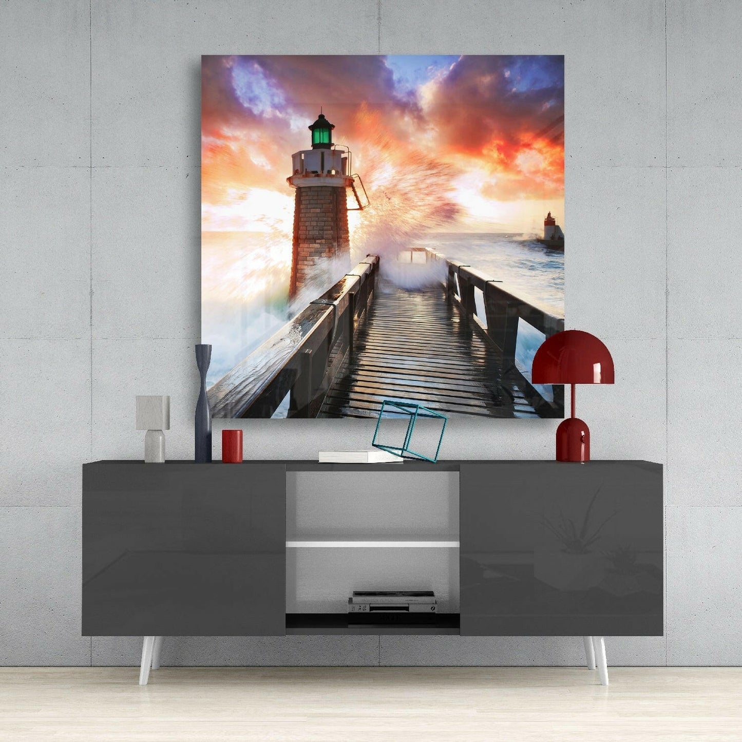 Crashing Wave Boardwalk Lighthouse Glass Wall Art