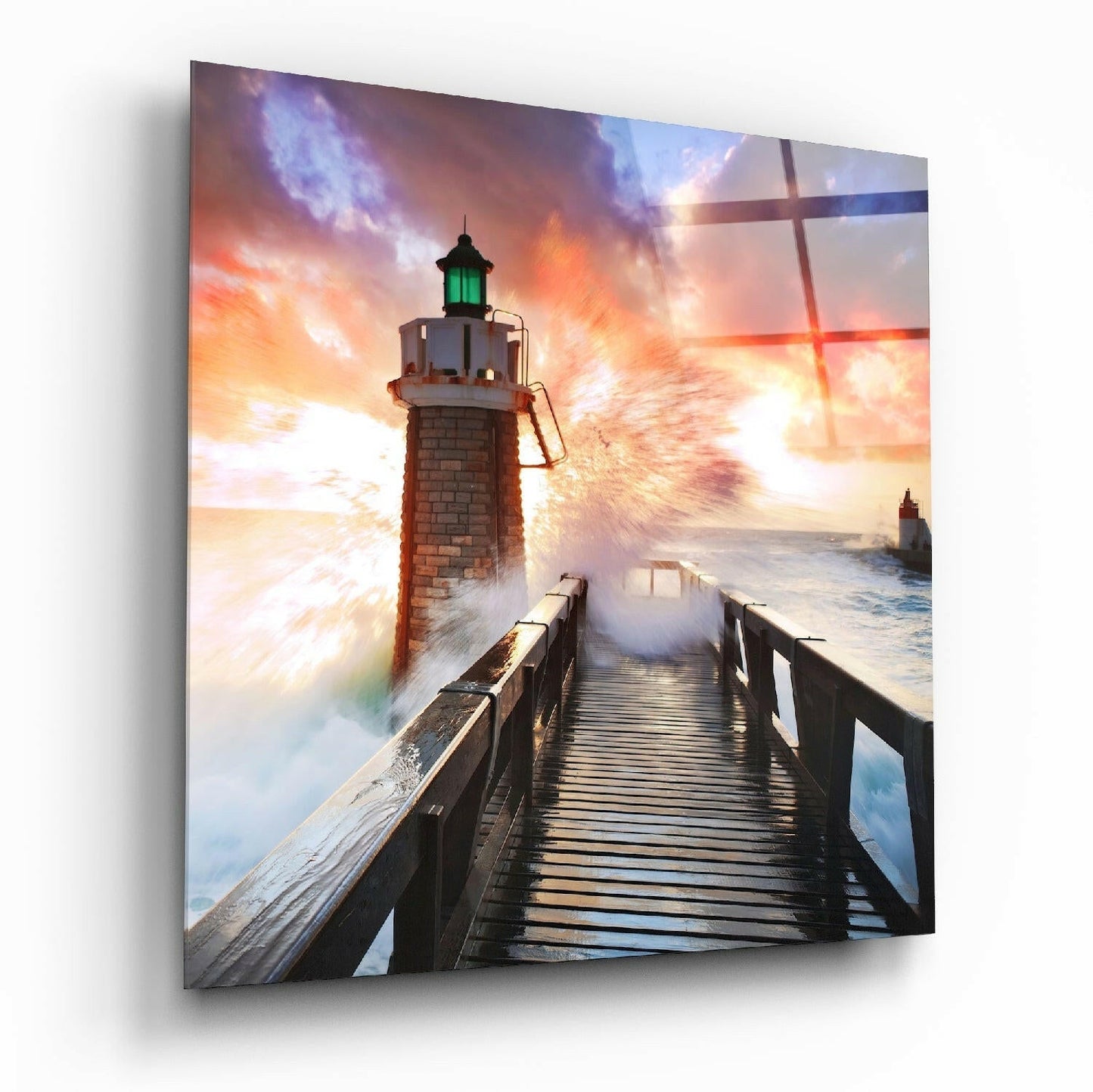 Crashing Wave Boardwalk Lighthouse Glass Wall Art