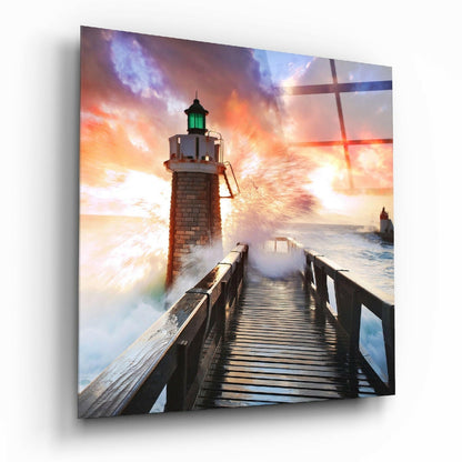 Crashing Wave Boardwalk Lighthouse Glass Wall Art