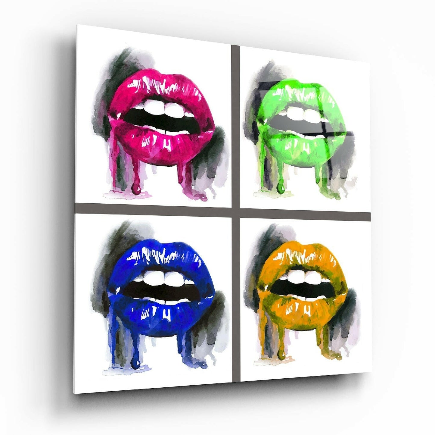 Four Dripping Neon Lips Pop Glass Wall Art