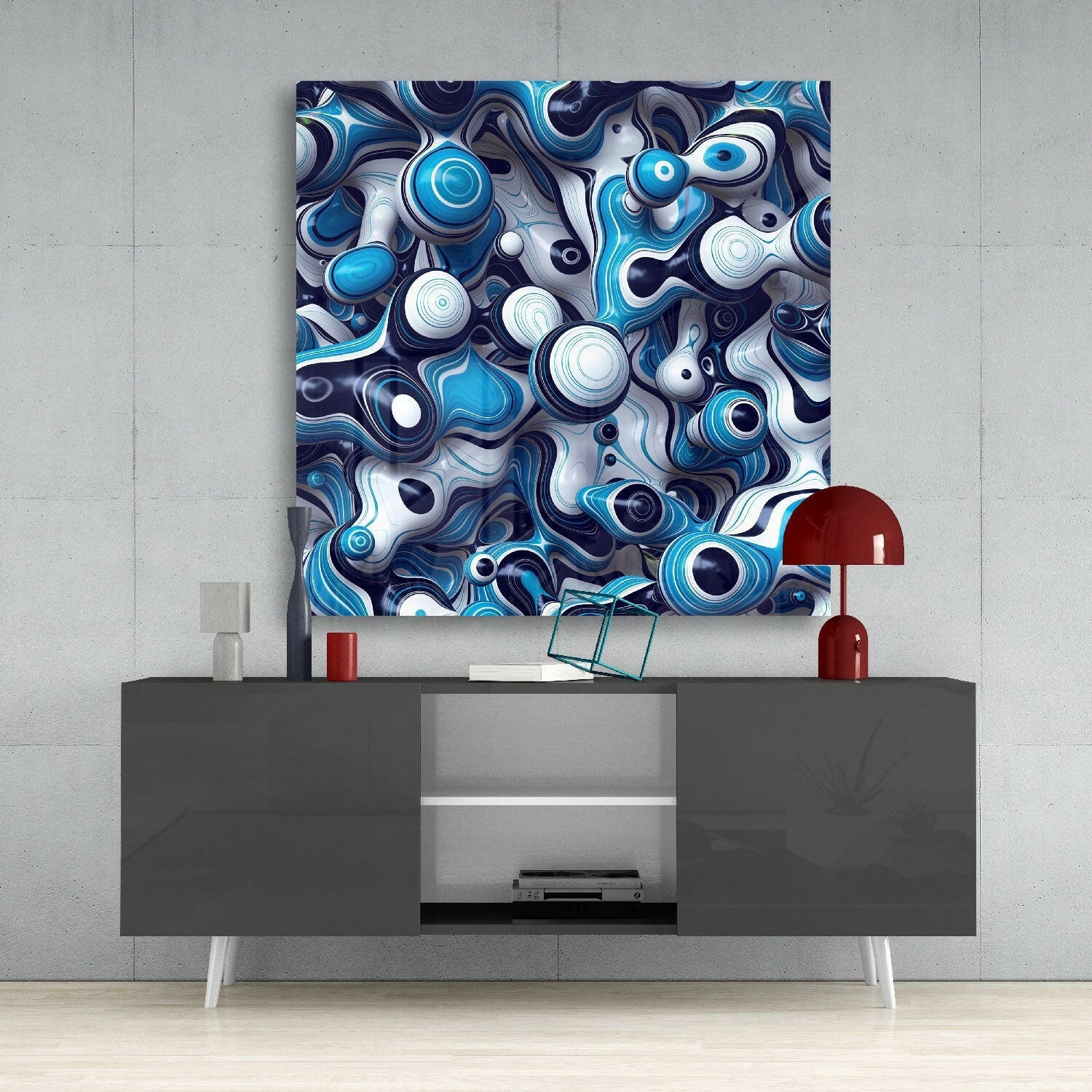 Blue Balls Glass Wall Art displayed above a gray media console, showing abstract swirling patterns in blue, white, and navy tones.