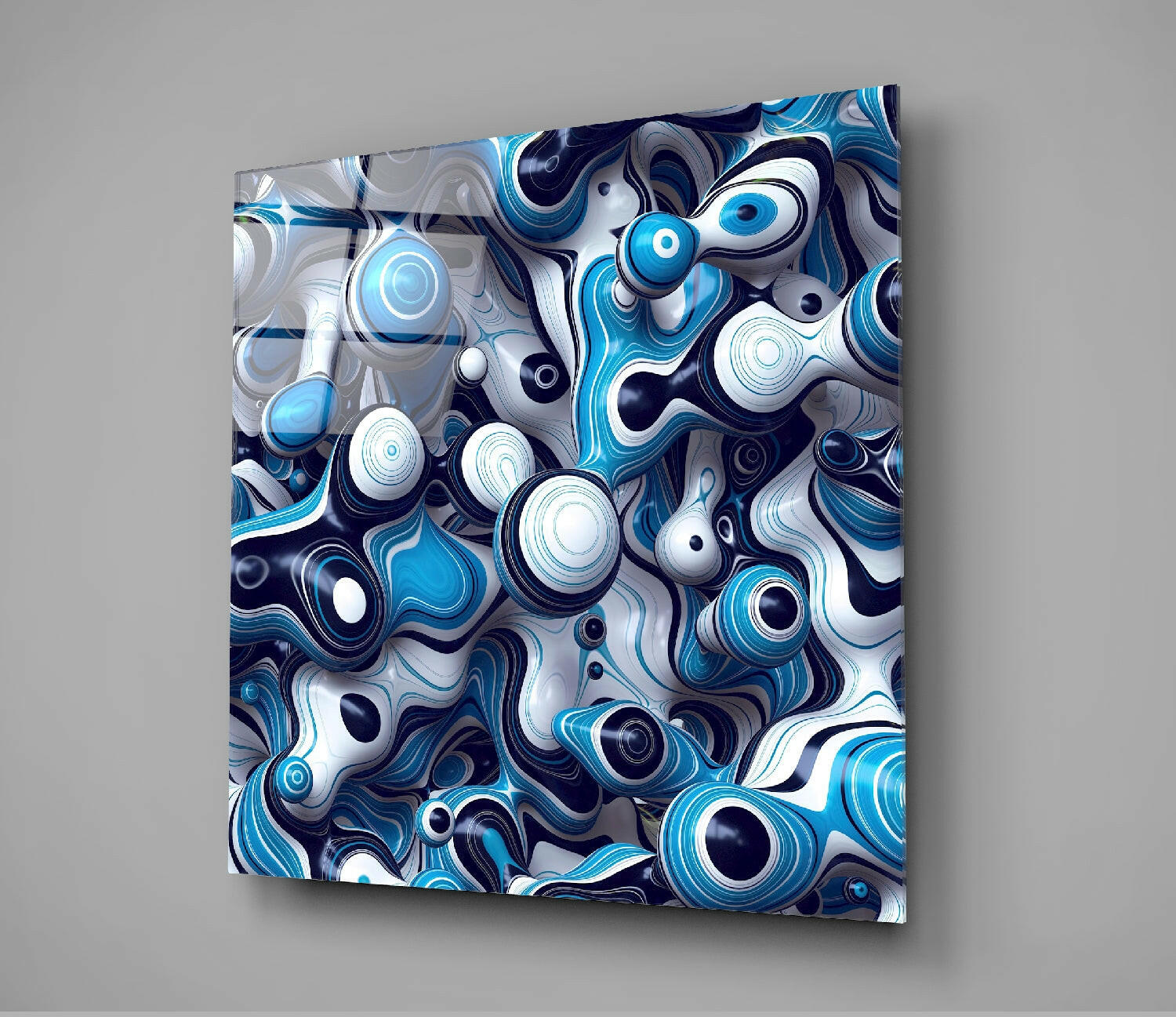 Blue Balls Glass Wall Art mounted on gray wall showing 3D spherical design with blue, white, navy and gray swirled patterns and concentric circles.