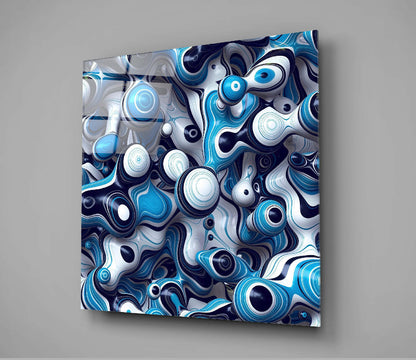 Blue Balls Glass Wall Art mounted on gray wall showing 3D spherical design with blue, white, navy and gray swirled patterns and concentric circles.
