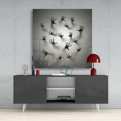 Hands Pressing Through Gray Wall Glass Wall Art
