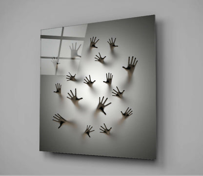 Hands Pressing Through Gray Wall Glass Wall Art