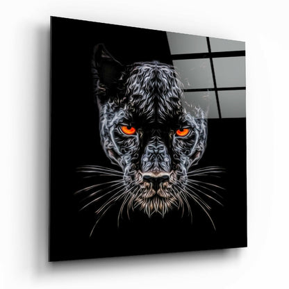 Black glass wall panel displaying detailed panther face with glowing orange eyes and white whisker details, angled perspective view.