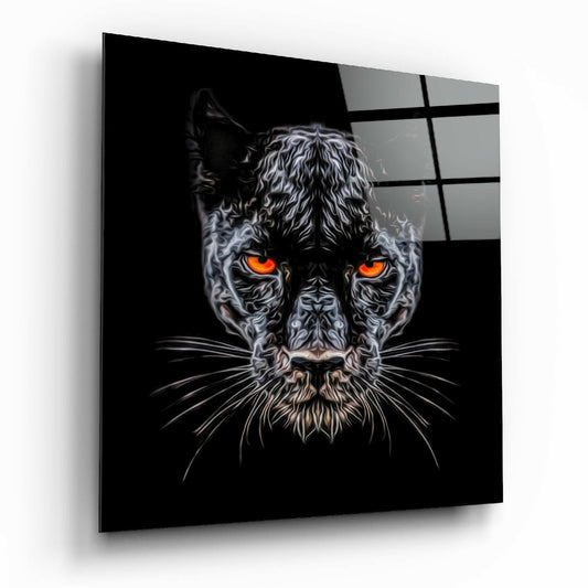 Black glass wall panel displaying detailed panther face with glowing orange eyes and white whisker details, angled perspective view.