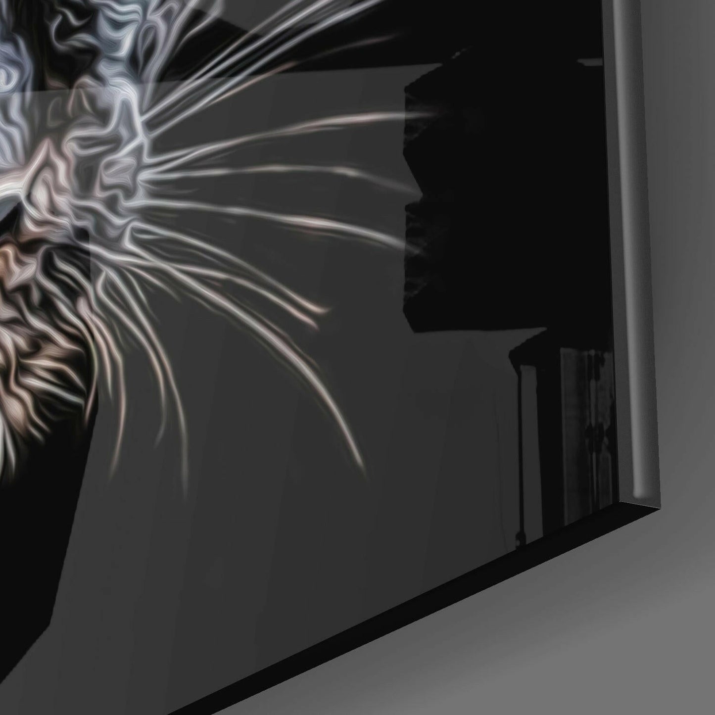 Panther Glass Wall Art displayed at angle showing black silhouette head profile with radiating silver light streaks on dark background.