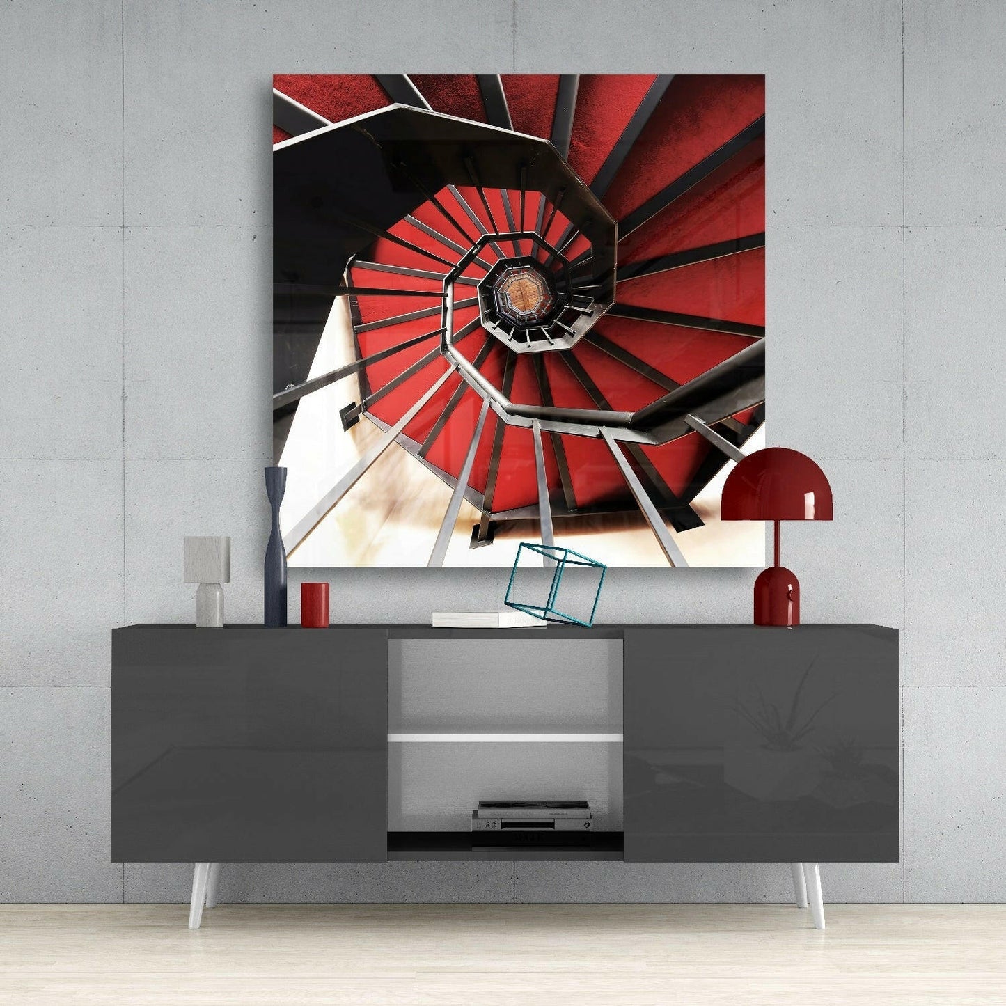 Red Spiral Staircase Above View Glass Wall Art