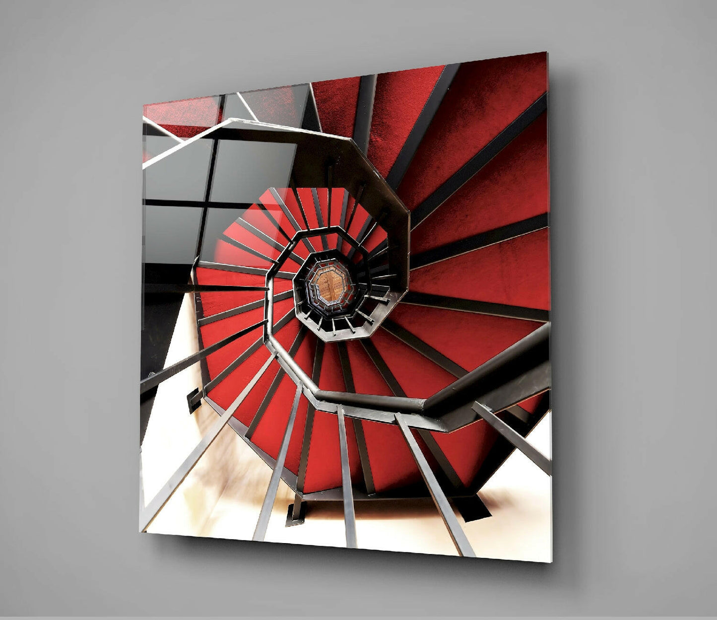 Red Spiral Staircase Above View Glass Wall Art