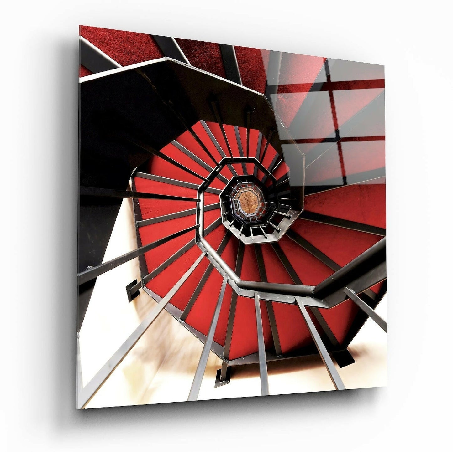 Red Spiral Staircase Above View Glass Wall Art