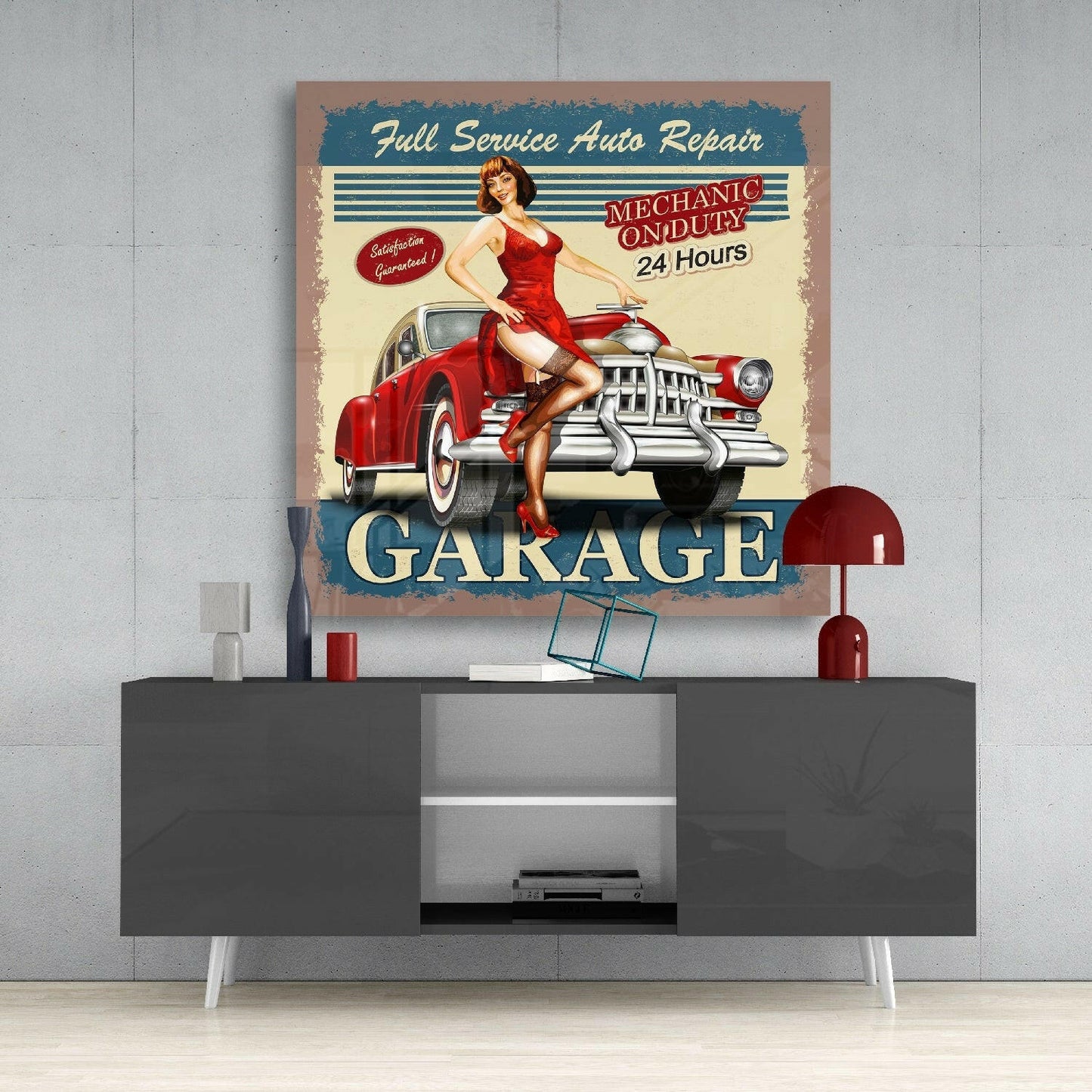 Retro Garage Auto Repair Poster Glass Wall Art