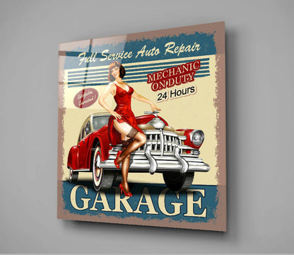Retro Garage Auto Repair Poster Glass Wall Art