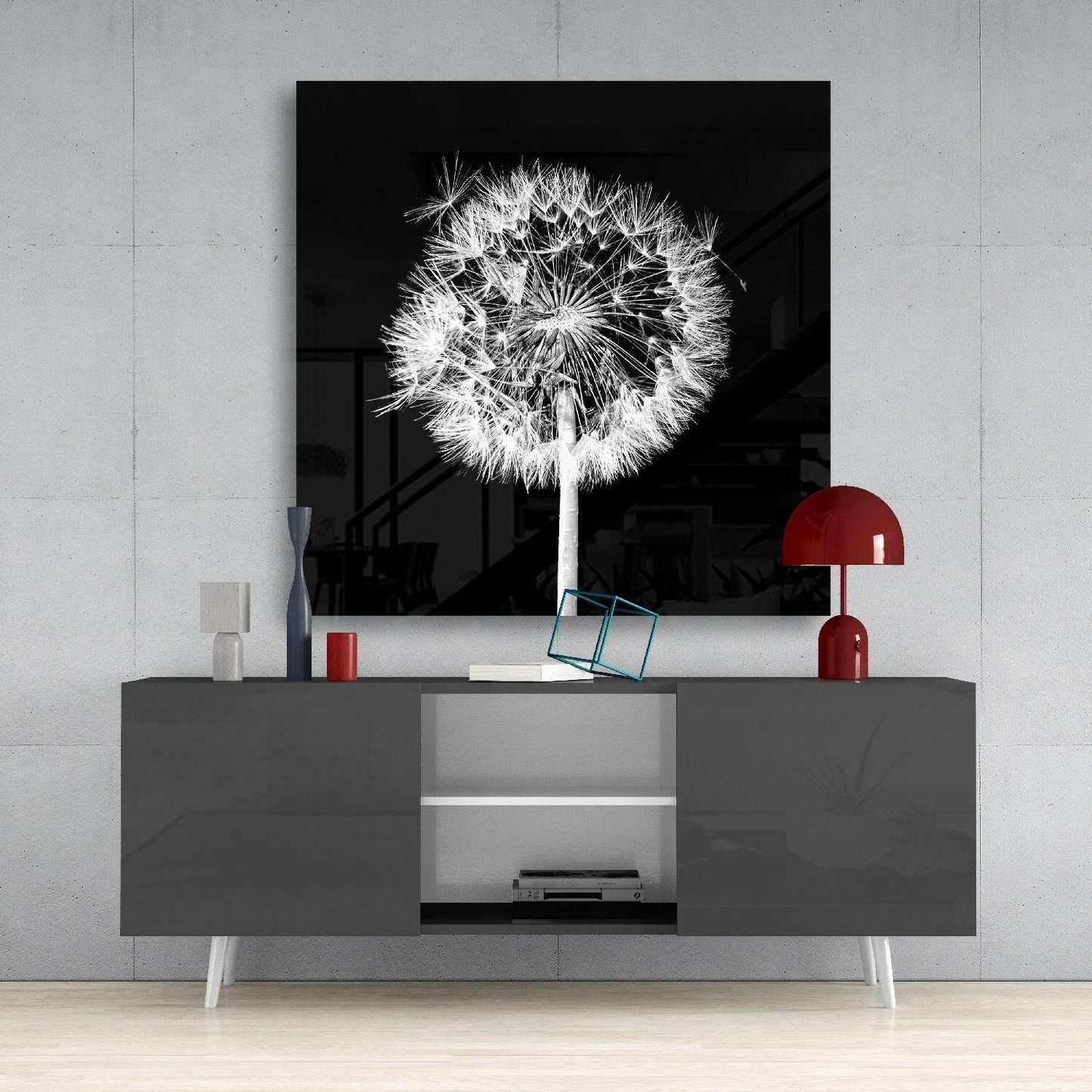 White Dandelion Black Square Glass Wall Art