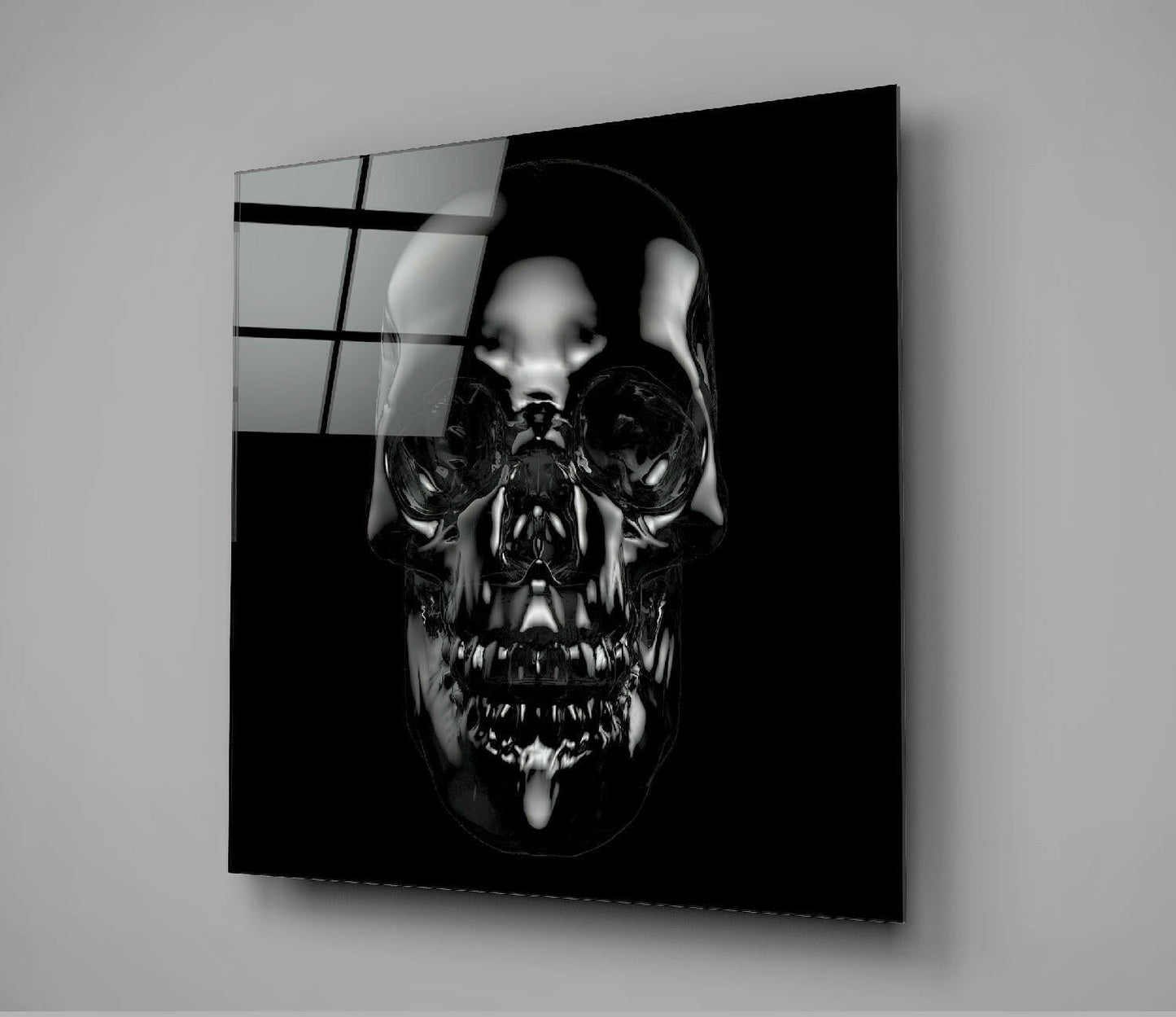 Glossy Black Chrome Skull Glass Wall Art