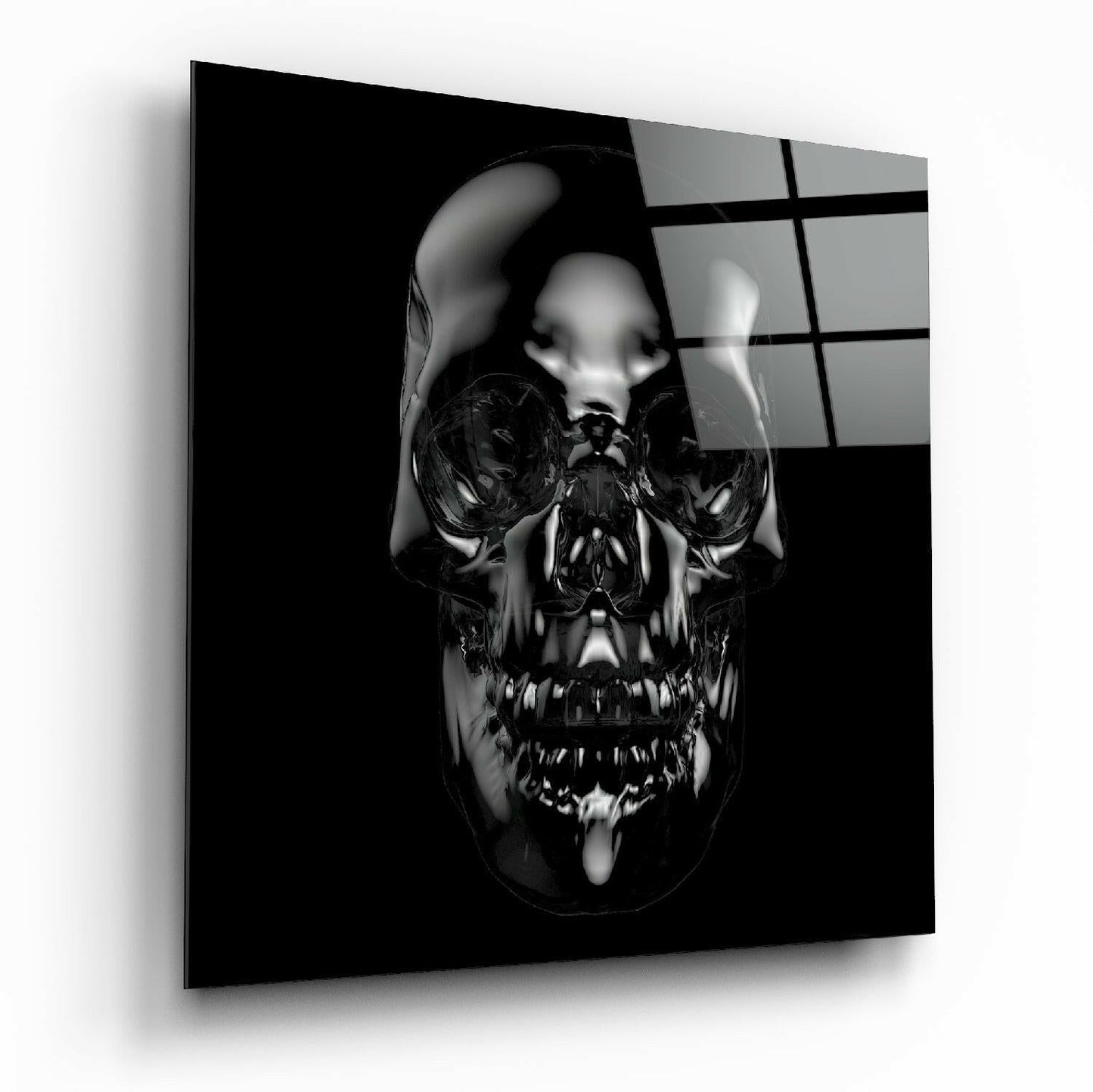 Glossy Black Chrome Skull Glass Wall Art