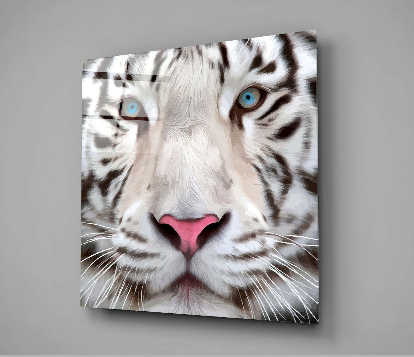 Blue Eyed White Tiger Closeup Glass Wall Art