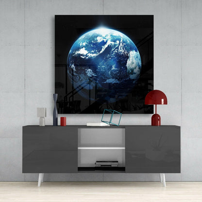 Blue Earth Planet Space Glass Wall Art